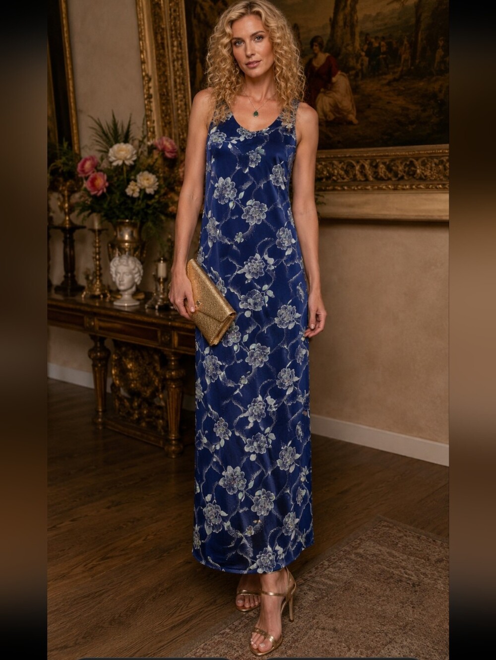 90s All That Jazz Blue Floral Maxi Dress Open Back Slip Dress Small